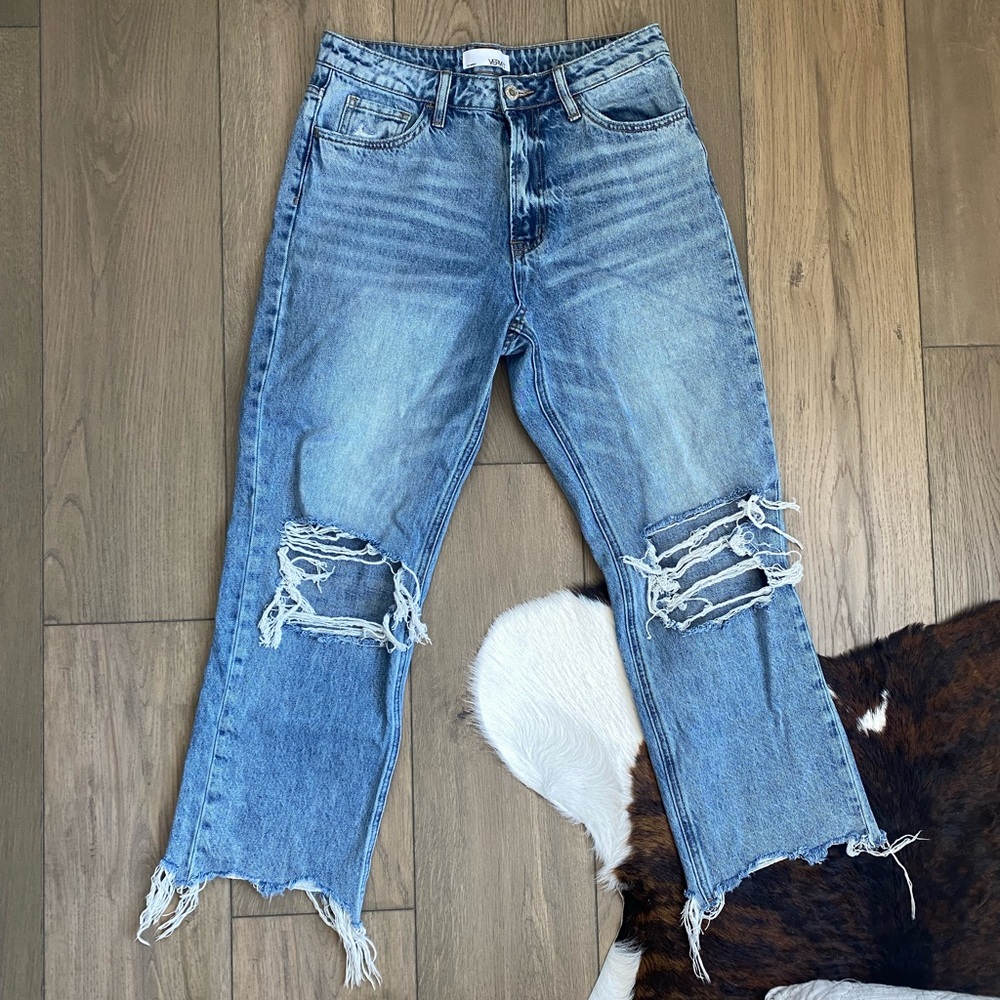 Vervet High-Rise Crop Flare Distressed Denim Jeans | Size 27